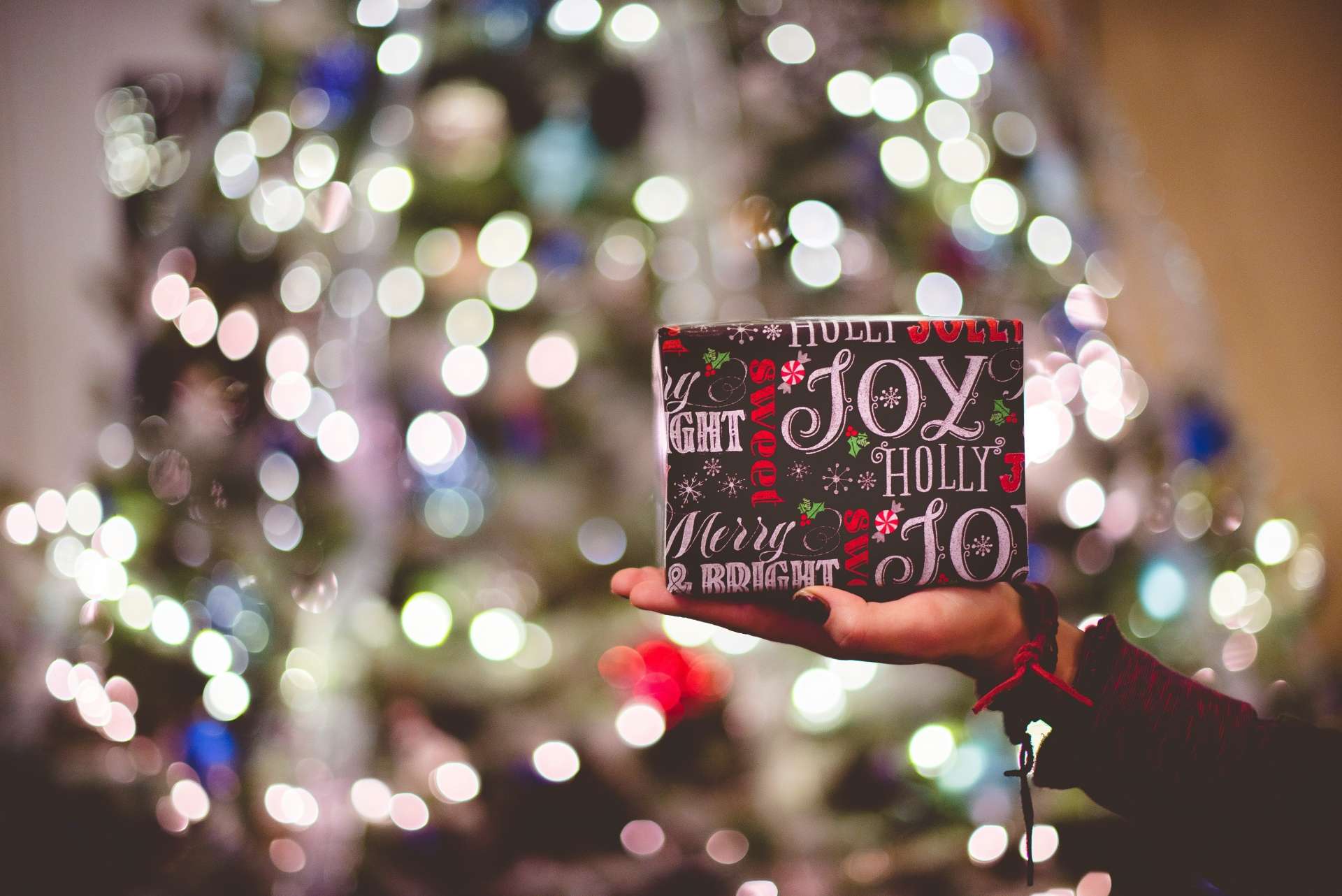 une main tient un cadeau devant un sapin illuminé